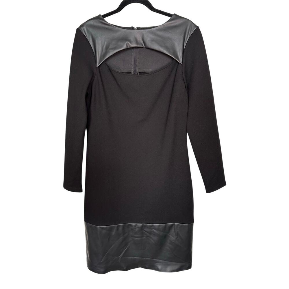 Katherine Barclay Black Faux Leather Cutout Sheath Dress Size Medium Long Sleeve